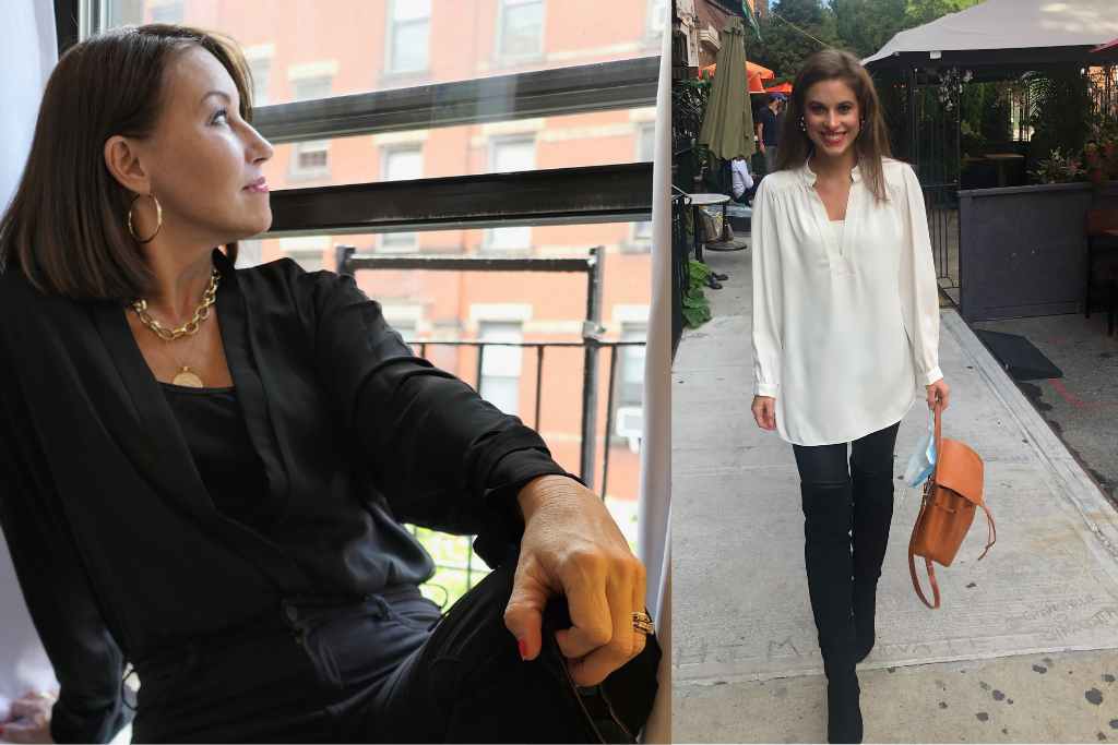 Two photos: one woman with brown hair looking out the window wearing a black top & black jeans. The other is walking down the street wearing a white blouse, black leather leggings, and carries a camel bag