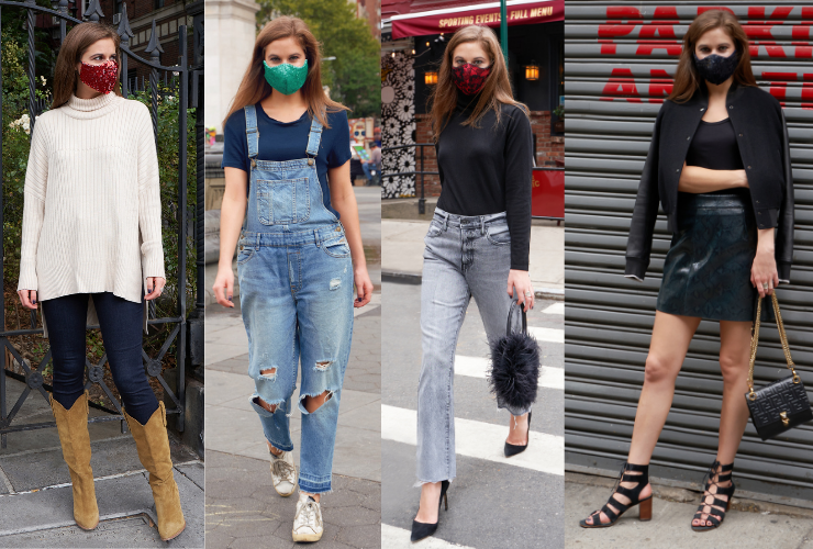 4 pictures of a woman pairing different looks with face masks