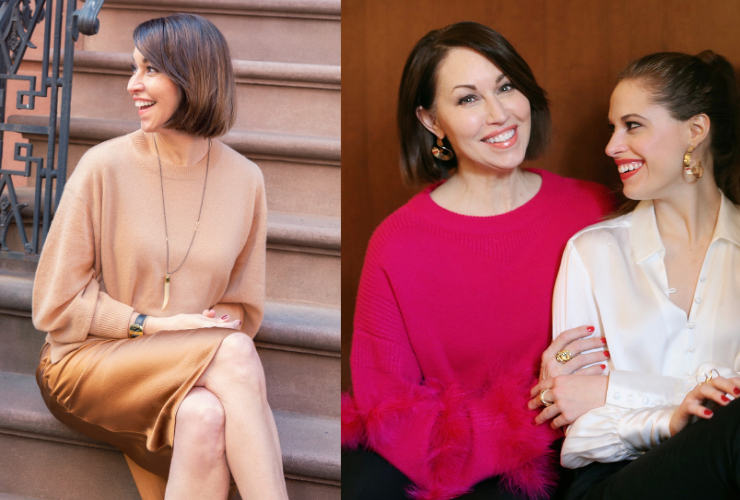 Two white women with brown hair: one sitting on brown steps wearing a camel sweater & skirt, the other a woman wears a pink sweater and another woman wears a white silk blouse; all are smiling