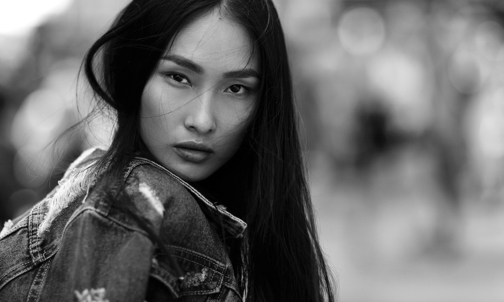 Black & White photos with an Asian model looking at the camera