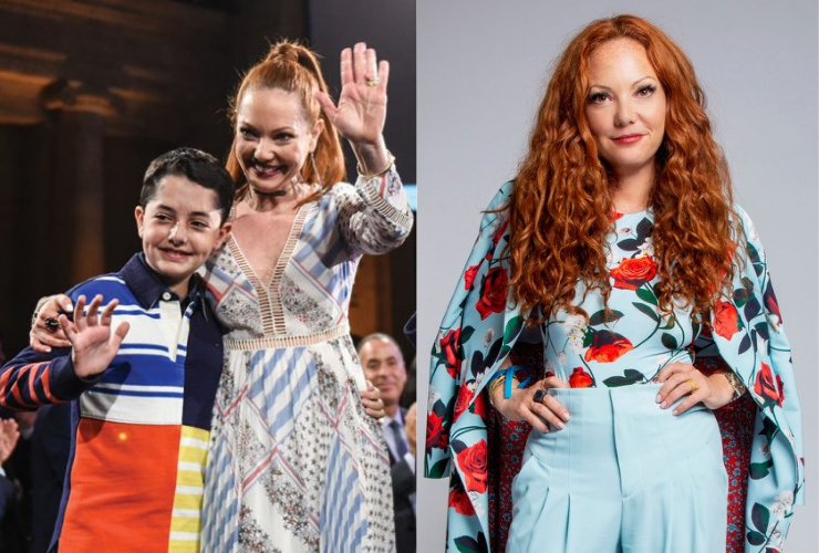 Two separate images of a white woman with red hair; one on a runway with her son smiling at the camera wearing bright colorful printed pieces