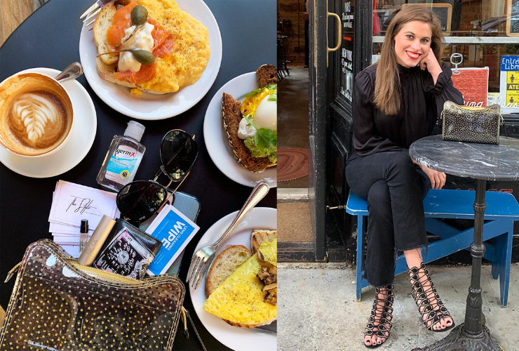 Left photo of a bag's contents spilling out on a brunch table the right photo is a girl with brown hair smiling at the camera wearing all black