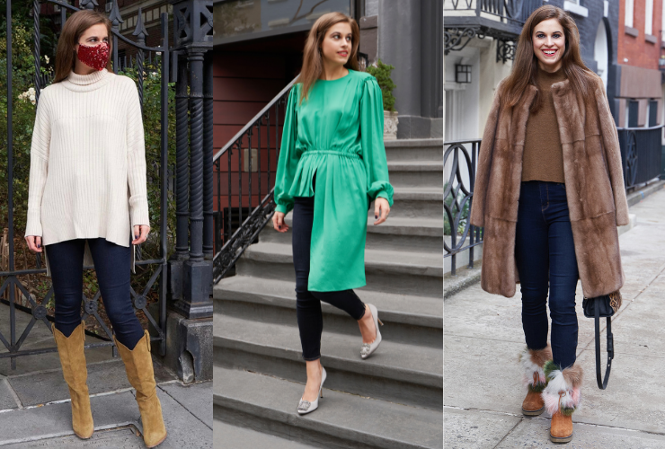 Three photos of a white woman with brown hair in skinny jeans