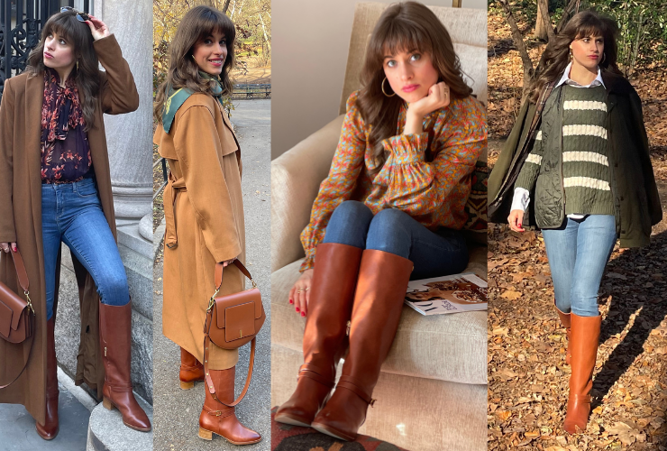 white woman with brown hair wearing different outfits in riding boots