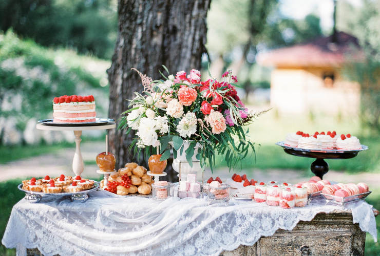 Table at a wedding reception with desserts