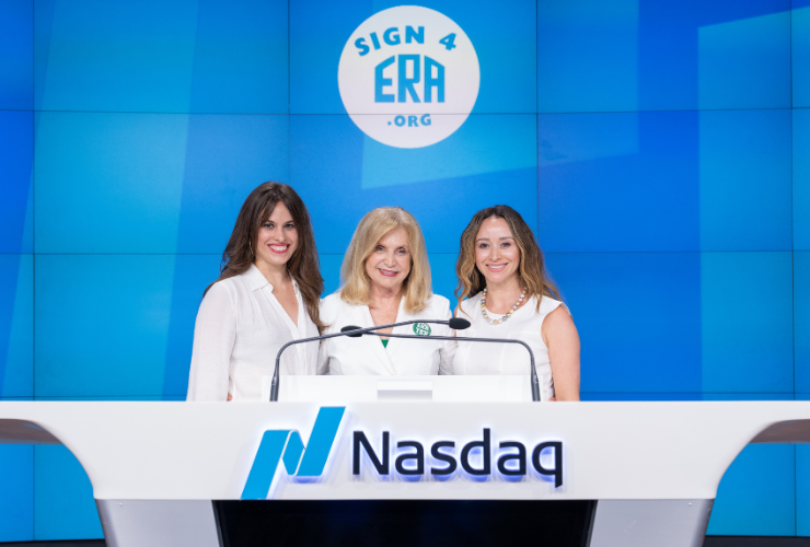3 white women ring the NASDAQ bell in white