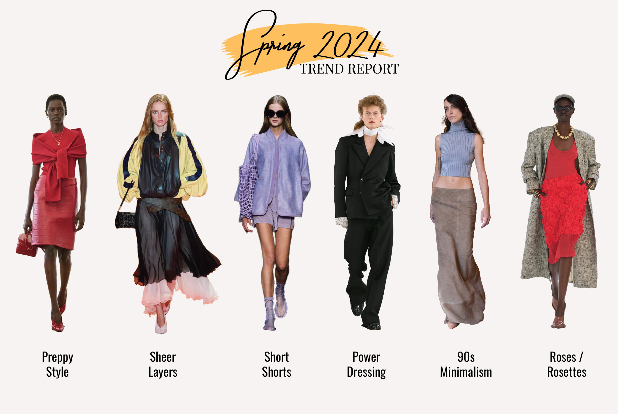 Six runway model images, each displaying a different trend.