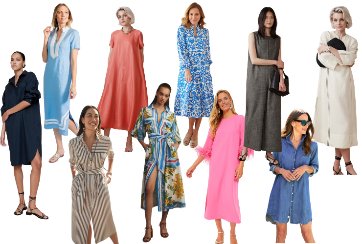 Ten women over 40 wearing colorful summer dresses.